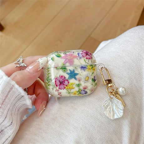 CUTECASE花柄 Airpods4ケース シェルキーホルダー AirpodsPro2ケース airpods3/2カバー 女子に人気 トレンドCM5396