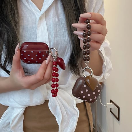 CUTECASE ハート柄 AirpodsPro3ケース ワインレッド/ブラウン Airpods4/pro2カバー ストラップ付 丈夫 かわいいCM5937
