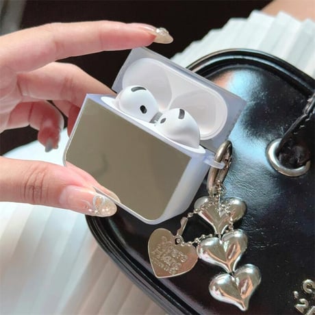 CUTECASEミラー Airpods4ケース ハートキーチェーン付 AirpodsPro2ケース airpods3/2カバー メイク直し鏡 女子力高い 丈夫 CM5280