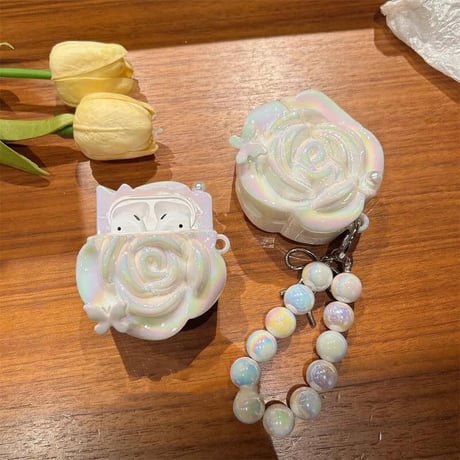 CUTECASE薔薇花 Airpods 4ケース ラメ入り キラキラ Airpods3/Pro2ケース airpodsproカバー 綺麗ストラップ 女子力高い 高級感CM5129