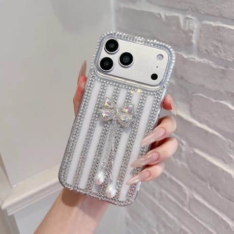 CUTECASE ジュエリー iPhone17Promaxケースフリンジダイヤリボン iPhone16Pro/15/14ース 豪華 リボンストラップ付CM6521