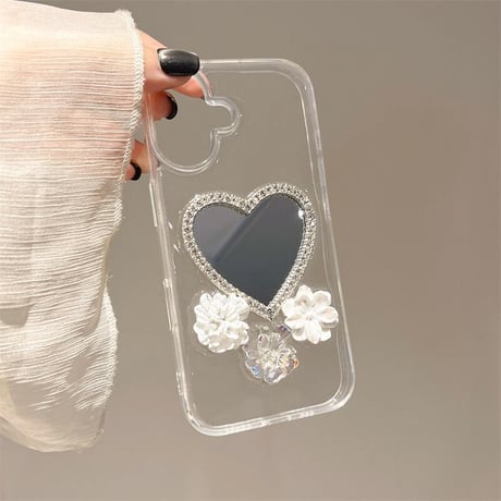 CUTECASE ハート型ミラー iPhone16/16proケース 花デコ iPhone15promax/14/13カバー パールストラップ 人気 CM5350
