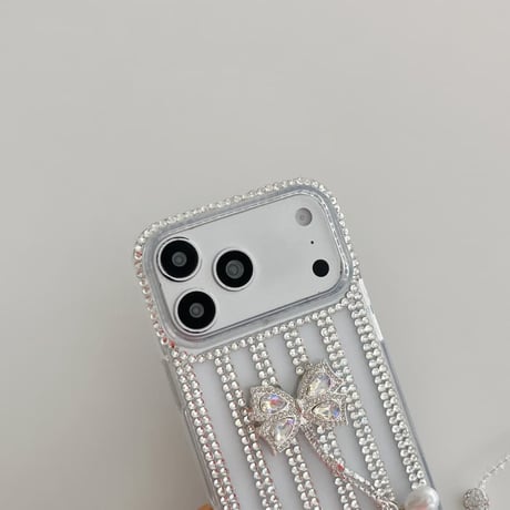 CUTECASE ジュエリー iPhone17Promaxケースフリンジダイヤリボン iPhone16Pro/15/14ース 豪華 リボンストラップ付CM6521