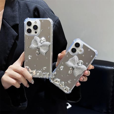 CUTECASE ダイヤリボン鏡 iPhone17/17Proケース キラキラ 豪華 iPhone16pro/15plus/14カバー 四角耐衝撃 CM5554
