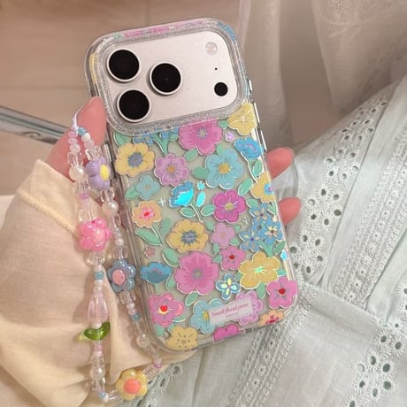 CUTECASE カラー花 iPhone17pro/17ケース キラキラ感 iPhone16promax/15proケース 花ストラップ 女子力高いCM6214