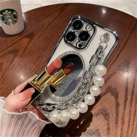 CUTECASEオシャレ 鏡付 iPhone15pro/15promaxケース パールチェーン付 アイフォン14プロ/13/12カバー 豪華 ギフトに最適 CM4475