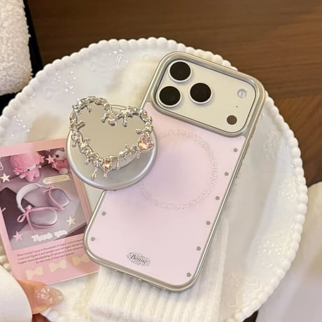 CUTECASE ハート型ミラーグリップ iPhone17Pro/17ケース ワイヤレス充電 ピンク iPhone17ProMax/16Pro/15カバー かわいい 女子力アップ CM6355