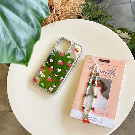 CUTECASEサクランボ 鏡 iPhone15/15proケース パールストラップ付 アイフォン14/13pro/12ケース かわいい 夏に人気CM4389