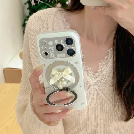 CUTECASE MagSafeリングスタンド iPhone17Pro/17ケース リボンパール iPhone16Pro/15/14ケース カメラカバー 甘めコーデ CM6337