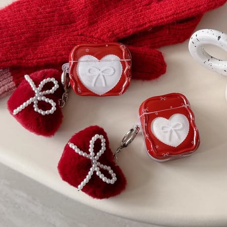 CUTECASE ハート形とリボン柄 AirPods Pro 3ケース ワインレッド 毛玉キーホルダー Airpods 4/3ケース AirpodsPro2カバー パール 女子力アップCM5997