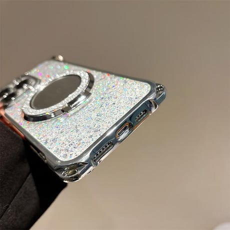 CUTECASE鏡リングスタンド付 iPhone16/16proケース ラメ入り iPhone15pro/14/13カバー バックチャーム/ショルダーストラップ付 CM5394