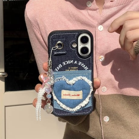CUTECASEカート収納 iPhone16/16Proケース デニム レースハート iPhone15Promax/14/13カバー ストラップ付 耐衝撃 女子力高いCM4812