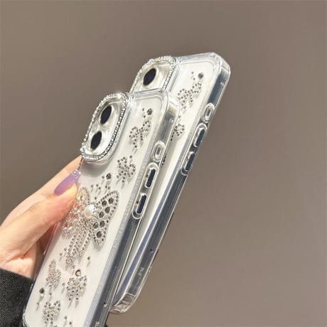CUTECASEハンドメイド iPhone16pro/16plusケース ダイヤリボンデコ iPhone15promax/14/13カバー オシャレ キラキラCM5456