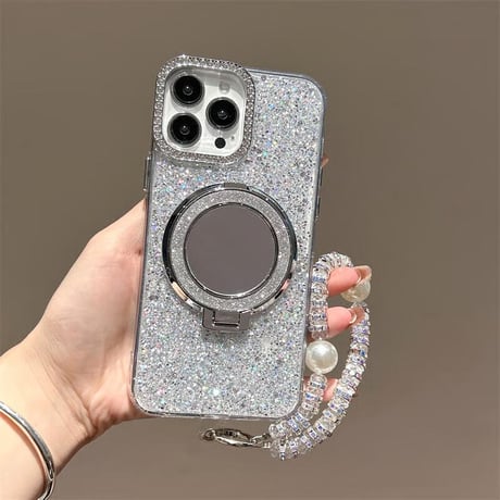 CUTECASEミラースタンド付 iPhone17/16proケース ジュエリー/ラメ入り iPhone15pro/14/SEカバー ダイヤストラップ 高級感CM5576