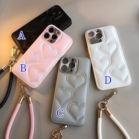 CUTECASEハートキルティング iPhone16/16proケース レザー ストラップ付 iPhone15pro/14/13Proカバー エレガント カメラ保護CM4930