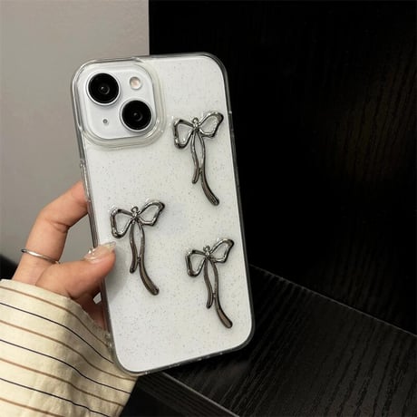 CUTECASEメタルリボン iPhone16/16Proケース キラキラ 透明 iPhone14Pro/13/12ケース ラメ入り 黄ばまない CM4633