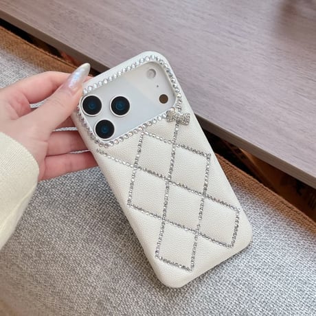 CUTECASE 高級感ビジュー iPhone17Promaxケース キルティングデザイン 菱形 iPhone16promax/13proカバー ダイヤリボン 上品 オトナ可愛い CM6034