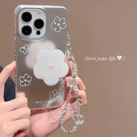 CUTECASE花グリップ iPhone17Pro/16Proケース ストラップ付 iPhone15promax/14/13カバー 高級感 シルバー CM5566