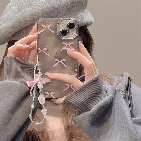 CUTECASEリボン柄 iPhone15/15proケース ラメ入り キラキラレンズフイルム付 iPhone14/13pro/12proケース ストラップ付 丈夫CM4030