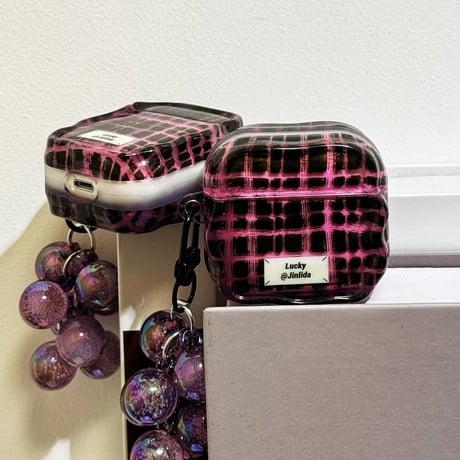CUTECASE パープル系 Airpods Pro3ケース ぶどうっぽキーホルダー Airpods 4/3カバーケース AirpodsPro2/1 オシャレ チェック柄 CM6176