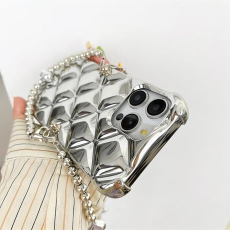CUTECASEショルダー付 iPhone15pro/15plusケース 菱形 シルバー iPhone14promax/13mini/12proカバー 艶感 CM4489