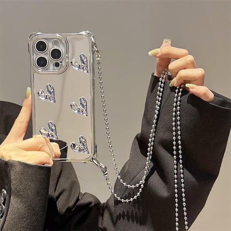 CUTECASEハート付ミラー iPhone16Promax/16proケース バックチャーム/ショルダーストラップ付 iPhone15pro/14/13カバー 便利人気 おしゃれCM5441