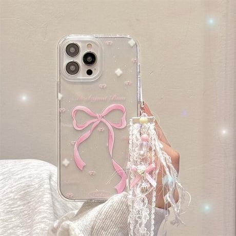 CUTECASEラメ リボン柄 iPhone15/15proケース レーストラップ付 iPhone14/13pro/12ケース かわいい きれい キラキラ 人気CM4017