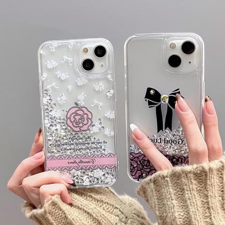 CUTECASE動くダイヤ入り iPhone1515proケース リボン/花柄 キラキラ光る iPhone14/13pro/12proカバー 綺麗 女子力UP CM4080