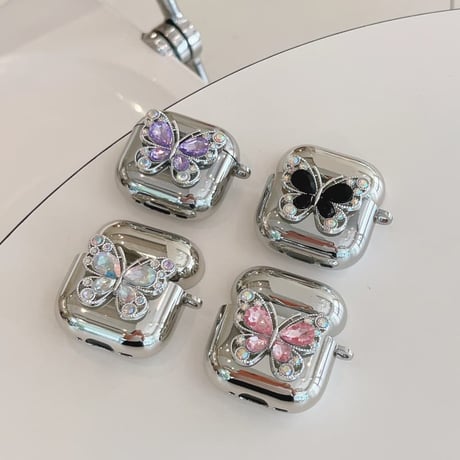 CUTECASE ダイヤ蝶 AirpodsPro3ケース メッキ Airpods3/pro2カバー 可愛い キーホルダー付 おしゃれCM6396