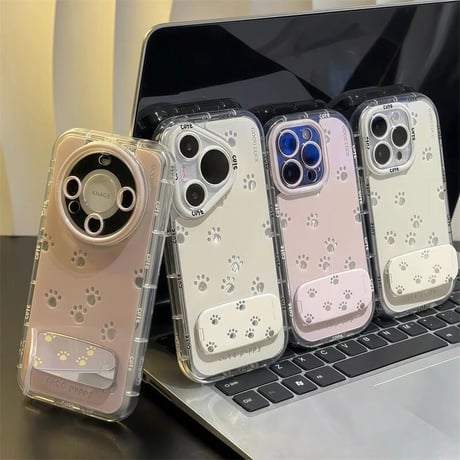 CUTECASE鏡付スタンド iPhone16ro/16Plusケース 猫の爪 iPhone15pro/14/SEカバー かわいい 淡色系 CM5473