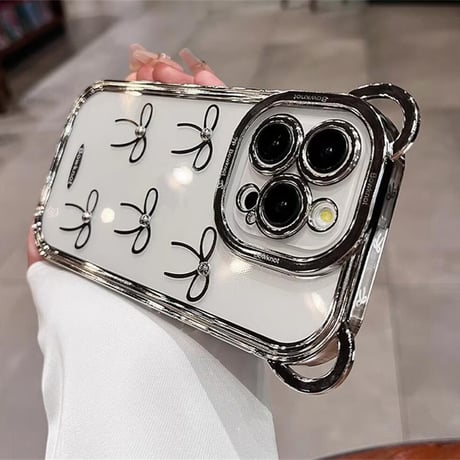CUTECASE耳付 リボン柄 iPhone15Pro/15カバー キラキラインナーシート付 透明アイフォン14pro/13ケース チェーン付CM4422