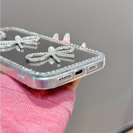 CUTECASEパール/ジュエリーリボン iPhone16/16Proケース 鏡付き iPhone15plus/14pro/13カバー おしゃれ 女子力高い めっちゃ可愛いCM5334