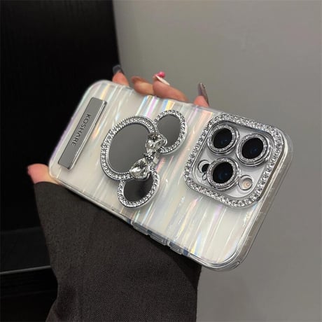 CUTECASE ダイヤ鏡スタンド iPhone17/17proケース シェル柄 iPhone16pro/15/14proカバー レンズカバー ストラップ 多機能高級感 CM5622
