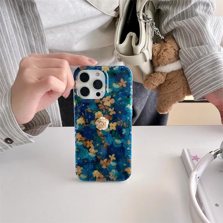 CUTECASE花柄 iphone16/16proケース ブルー iphone15pro/14/13proケース ジュエリーストラップ付 女子力高い CM5053