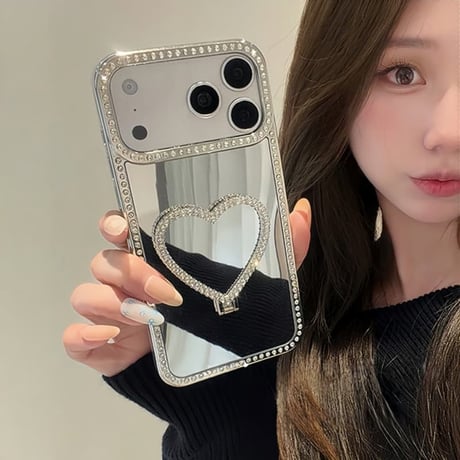 CUTECASE ジュエリーラインミラー iPhone17Pro/17ケース ダイヤハートミラーリングスタンド iPhone17Promax/16Pro/15ケース かわいい 多機能便利CM6173