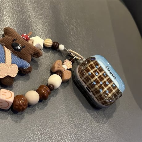 CUTECASE 韓国っぽい Airpods Pro3ケース 花柄 熊ストラップ付 Airpods4/3ケース AirpodsPro2/Pro1カバー チェック柄 ギフトにおすすめ CM5838
