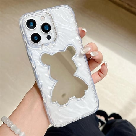 CUTECASE 熊さん鏡面 iPhone17Pro/16ケース ジュエリーデコ iPhone15promax/14/13proカバー 透明 オシャレCM5552