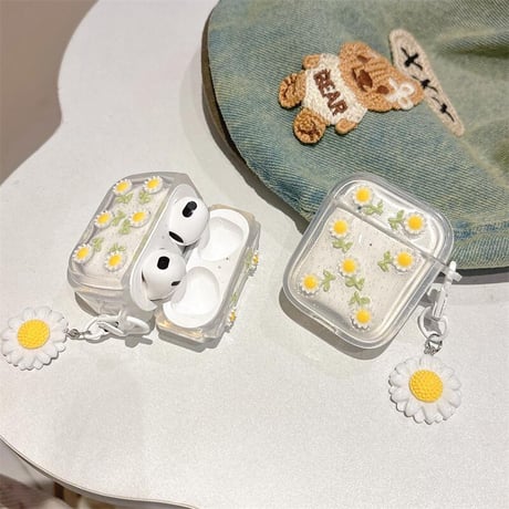 CUTECASE草花 Airpods 4ケース ラメ入り 透明 Airpods3/2カバー Airpodspro2/pro 花キーホルダー付き 女子力高いCM5038