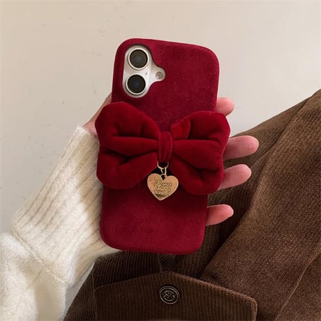 CUTECASEリボン iphone16Pro/15ケース ワインレッド パイル織物 iPhone14pro/13/12/11カバー 秋冬アイテム 女子力UP 頑丈CM4890