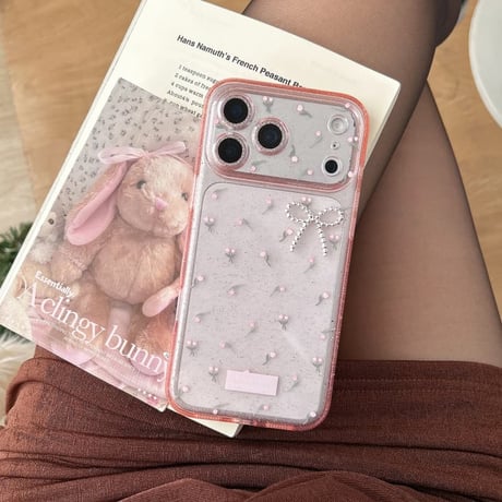 CUTECASE キラキラピンク iPhone17/17proケース 花柄 リボンデコ iPhone17promax/16/15Proカバー 綺麗ストラップ 女子ファッションCM5959