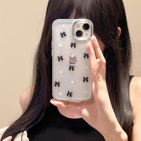 CUTECASE金属リボン iPhone15/15proケース パール iPhone14/13pro/12クリアケース かわいい 女子力高いCM4440