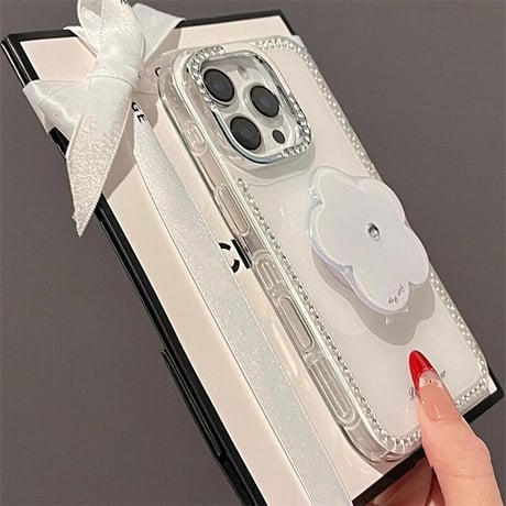 CUTECASEダイヤ花グリップ iPhone16pro/16ケース ジュエリー iphone15pro/14/13/12proカバー ストラップ 綺麗 上品高級感CM5121