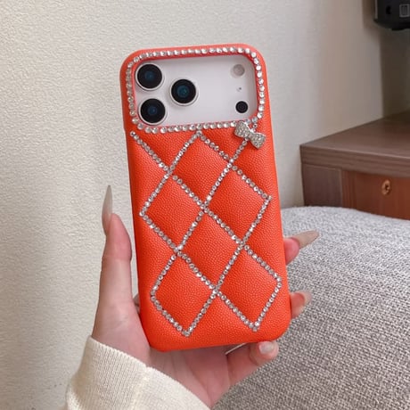 CUTECASE 高級感ビジュー iPhone17Promaxケース キルティングデザイン 菱形 iPhone16promax/13proカバー ダイヤリボン 上品 オトナ可愛い CM6034