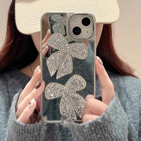 CUTECASEジュエリー ミラーiPhone15/15proケース ハート/リボン iphone14/13/12proカバー 高級感 シック キラキラ 女子に人気CM4054