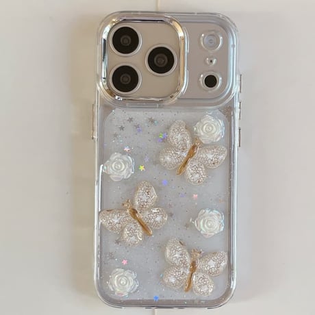 CUTECASE 蝶々デコ iphone17Pro/17ケース きれい花 キラキララメ iPhone16Pro/15Promax/14/14/12カバー オシャレ 女子力高いCM5928