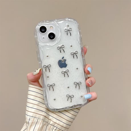 CUTECASE立体リボン iPhone15/15proケース うねうね ラメ入り iPhone14/13pro/12proケース キラキラクリアケースCM4436
