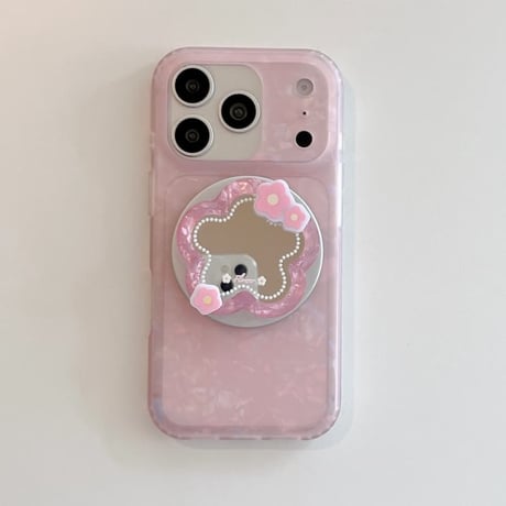 CUTECASE 花型ミラーグリップ iPhone17Pro/17ケース MagSafe対応 シェル風 iPhone16Pro/15/14ケース 淡色系 ガーリーファッションCM6255