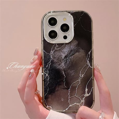 CUTECASE大理石調 iPhone15/16Proケース グリーン/ブラック アイフォン14Pro/13カバー オシャレ シック お揃い CM4607