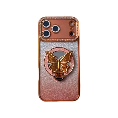 CUTECASE 鏡付蝶スタンド iPhone17Pro/17ケース メタリックカラー iPhone16/15ProMax/14ケース ラグジュアリー感 キラキラライン 大人気 レンズ保護CM6240