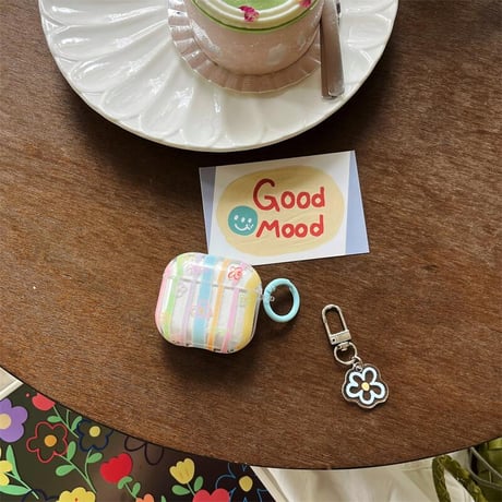 CUTECASE韓国風 エアポッズ4ケース 花柄 縞模様 Airpods3/Pro2ケース airpodspro2カバー キーチェーン付 ギフトにおすすめCM5390